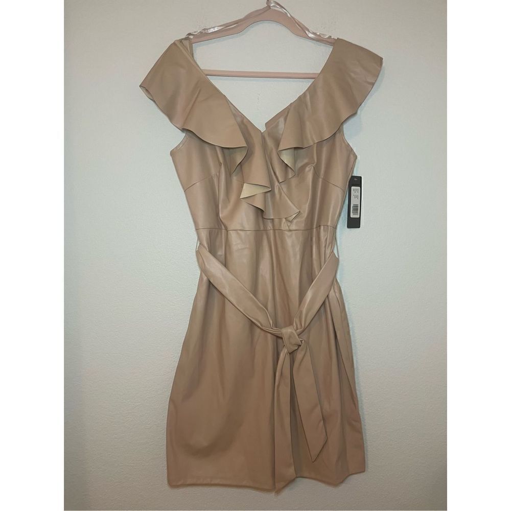 Bebe VEGAN LEATHER RUFFLE WRAP DRESS New - Picture 4 of 8